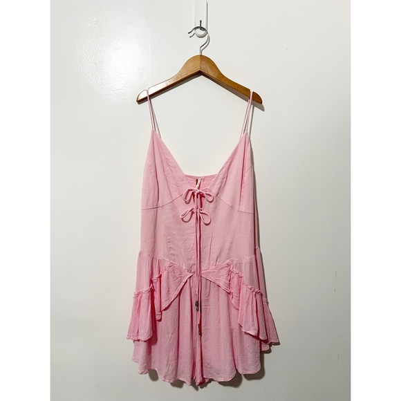 Free People Pink Brielle Playsuit Babydoll Smocked Ruffle Detail Dress Size L - Picture 3 of 11